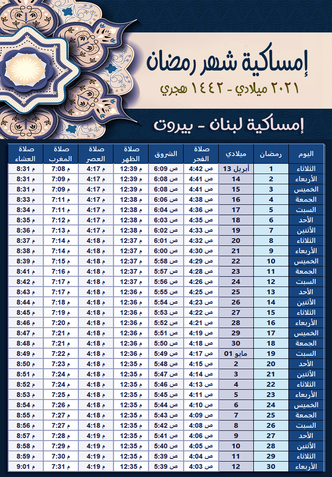 امساكية رمضان 2021 في لبنان بيروت تقويم 1442 هجري Beirut Lebanon Ramadan Imsakia