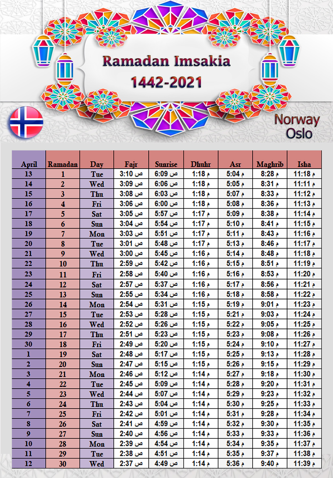 تحميل امساكية رمضان 2021 اوسلو النرويج تقويم رمضان 1442 Ramadan Oslo Norway