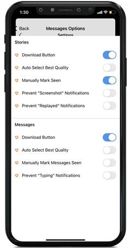خيار Messages Options - تحميل انستقرام بلس للايفون