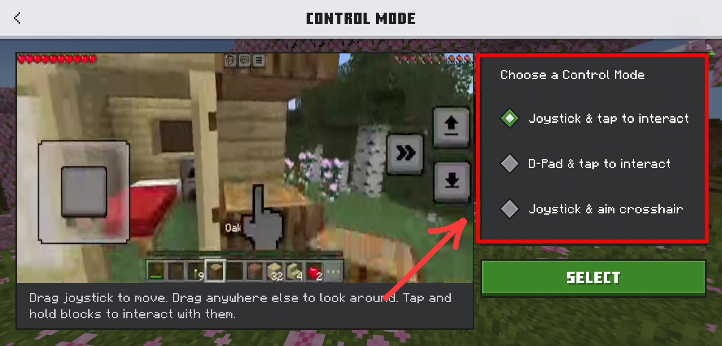 اوضاع التحكم داخل لعبة Minecraft على الهاتف