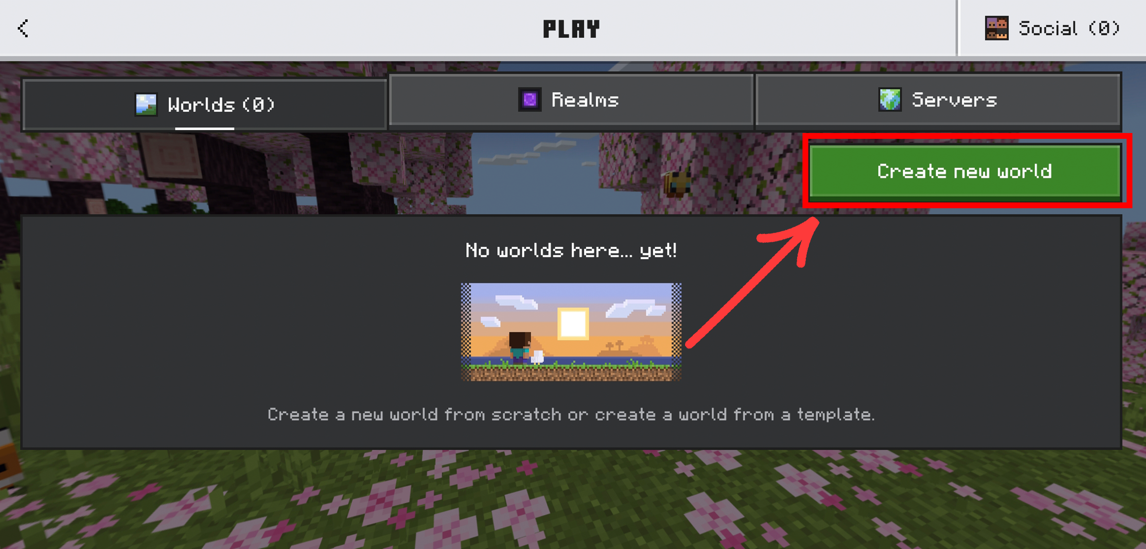 اختر Create New World لإنشاء عالم جديد خاص بك.