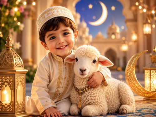 الطفل بملابس العيد مع خروف