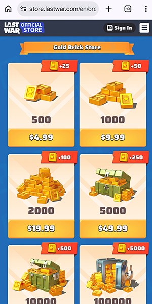 اختر الحزمة أو Gold Bricks التي تريد شراءها